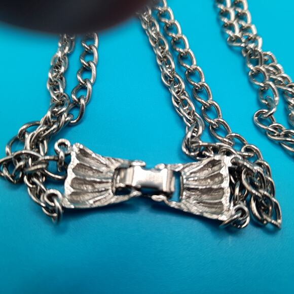 Vintage Heart Layered Long Necklace, Etched Pendant, Silver Tone, 25" - Picture 8 of 9